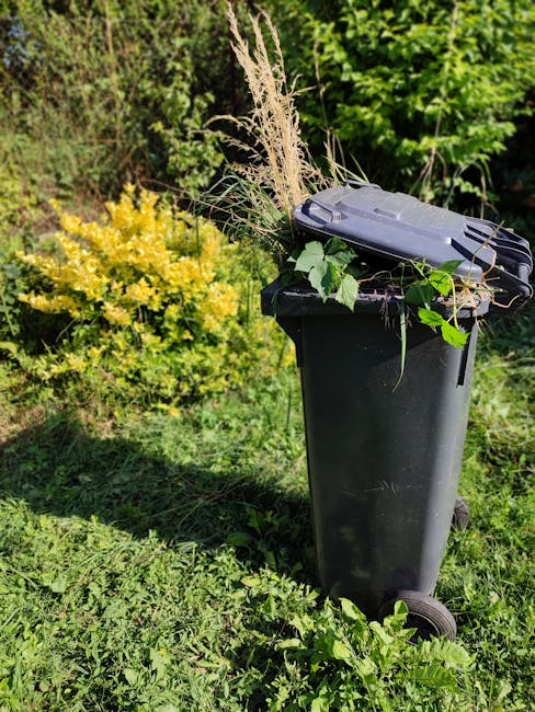 A black wheelie bin positioned on a grassy garden area and filled with garden waste such as dried grass, leaves, and small branches. The bin's lid is slightly ajar, with some plant stems and foliage r